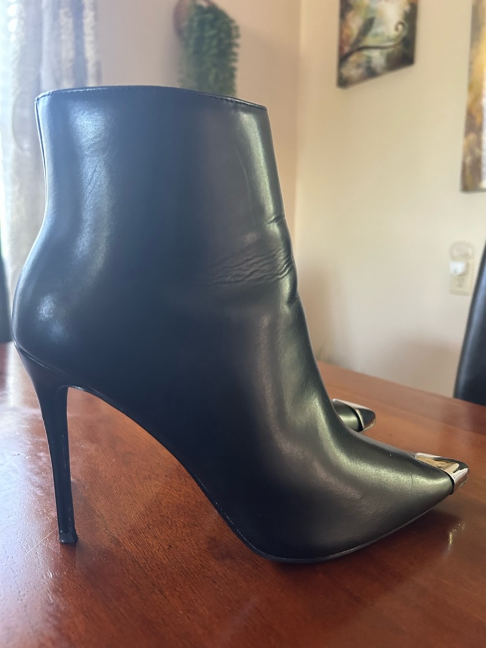 Black Leather Pointed Toe Stiletto Ankle Boot